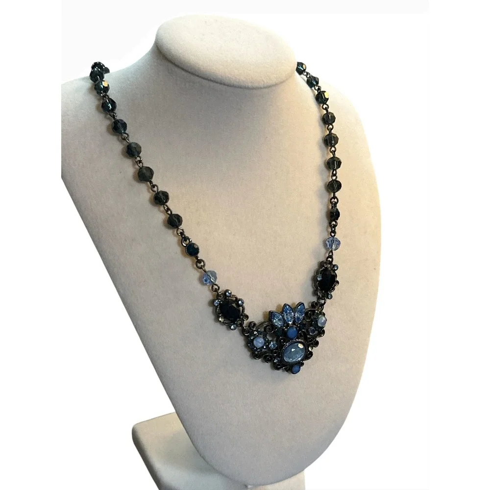 2028 Jewelry Blue Grey Crystal Floral Bib Necklace Gunmetal Tone Statement